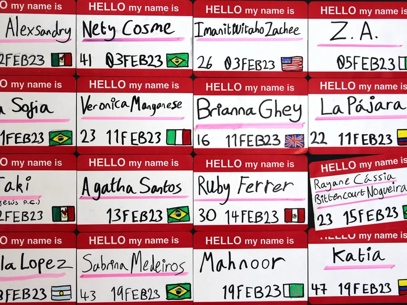 An artwork of name stickers made for Trans Day of Remembrance