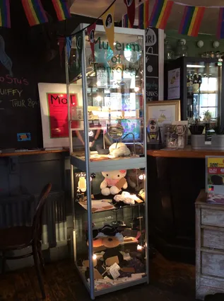 a lit up glass cabinet with 'museum of transology' printed on the front. The cabinet is filled with different objects from the Museum of Transology collection.