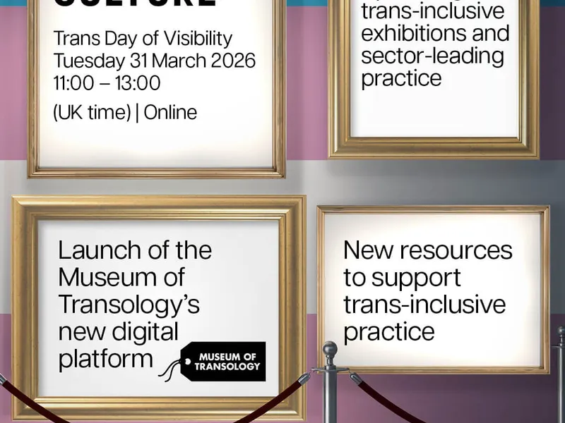 Four picture frames behind a velvet rope with a background of a trans flag