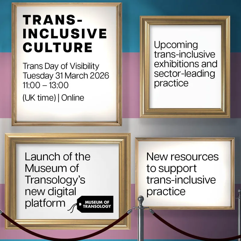 Four picture frames behind a velvet rope with a background of a trans flag