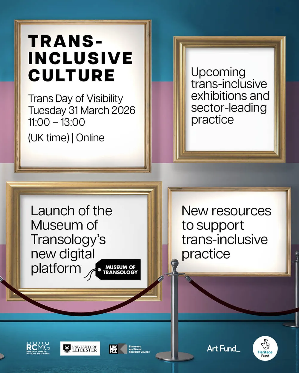 Four picture frames behind a velvet rope with a background of a trans flag