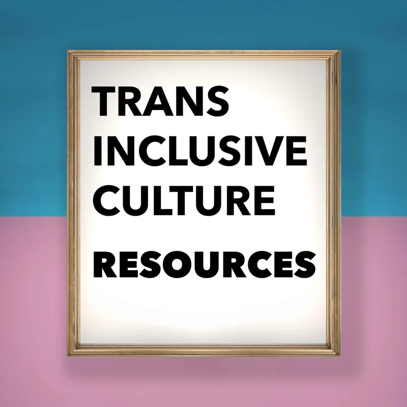 A picture frame with trans inclusive culture resources written on it and a pink and blue wall behind it.