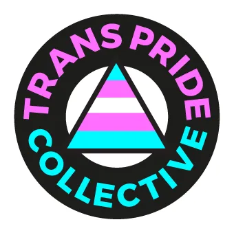 A round logo in black pink and blue with a trans striped triangle in the centre