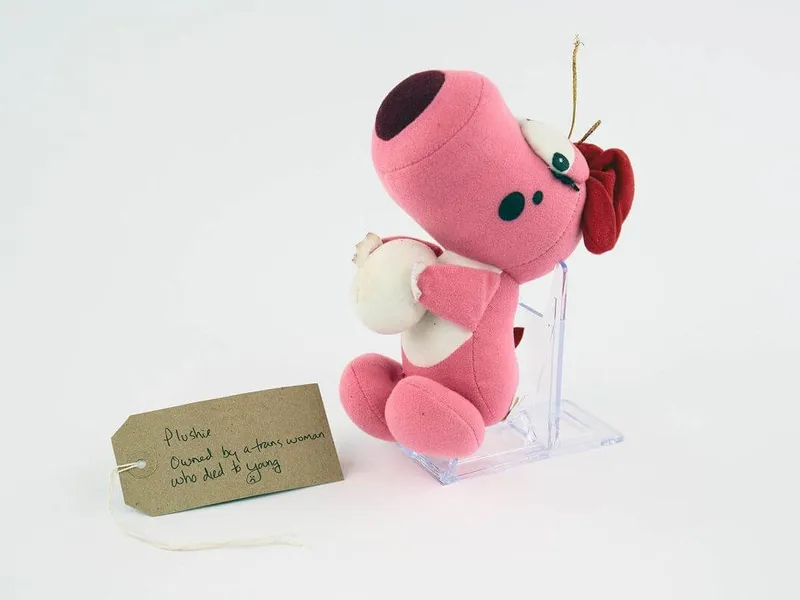 A pink plushie with a brown luggage tag